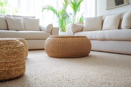 Melbourne living space featuring natural wool carpet with modern furniture and soft lighting