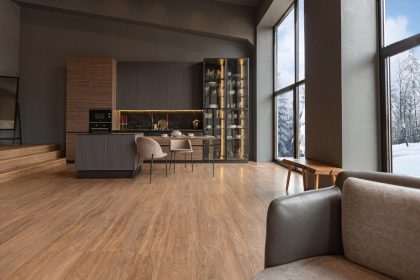 Non slip vinyl flooring for kitchens installed in modern residential kitchen