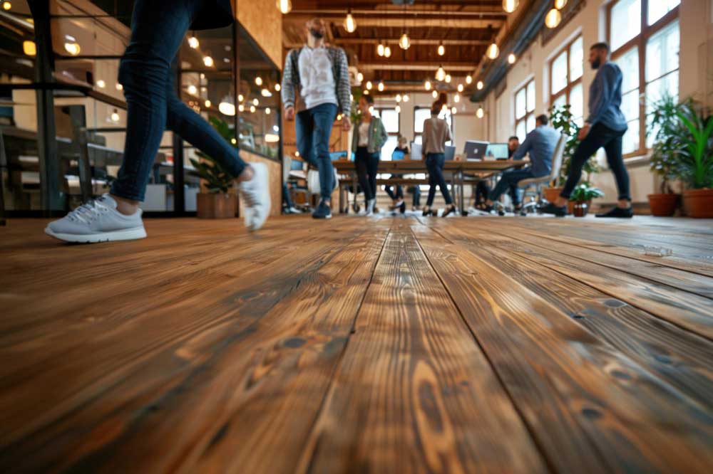 Commercial flooring with different surfaces used across office and high-traffic work areas